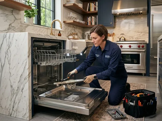 Appliance Repair Hero technician servicing a built-in dishwasher in a Allendale, NJ kitchen