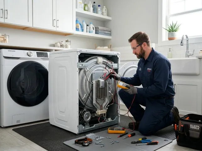 Appliance Repair Hero technician checking a dryer heating element with the rear panel off in Allendale, NJ