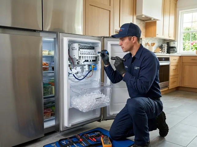 Appliance Repair Hero technician repairing a refrigerator ice maker in Allendale, NJ