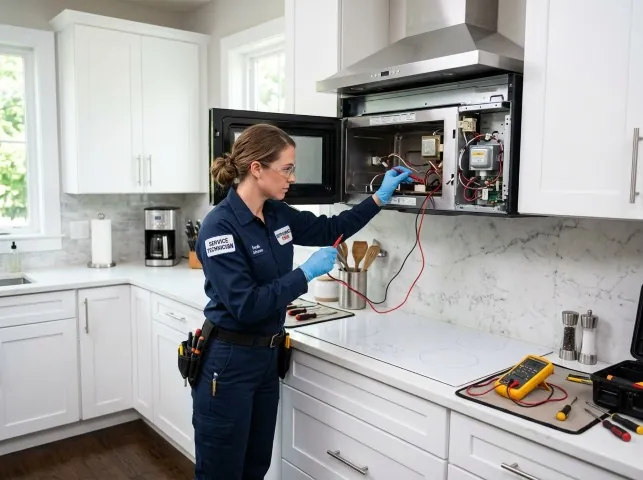Appliance Repair Hero technician testing an over-the-range microwave in a Allendale, NJ kitchen