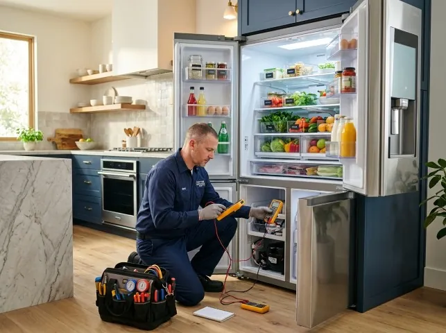 Appliance Repair Hero refrigerator technician testing a fridge on a Allendale, NJ service call