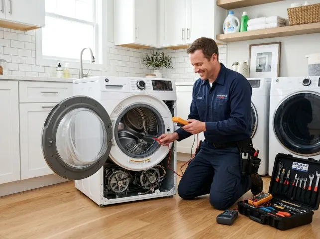 Appliance Repair Hero technician testing a front-load washer with a multimeter on a Allendale, NJ service call